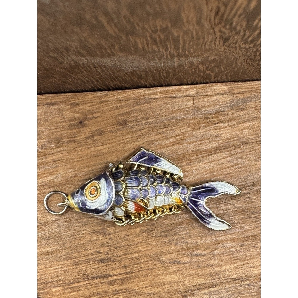 Vintage Blue And Gold Enamel KOI Fish Cloisonné Articulated Pendant